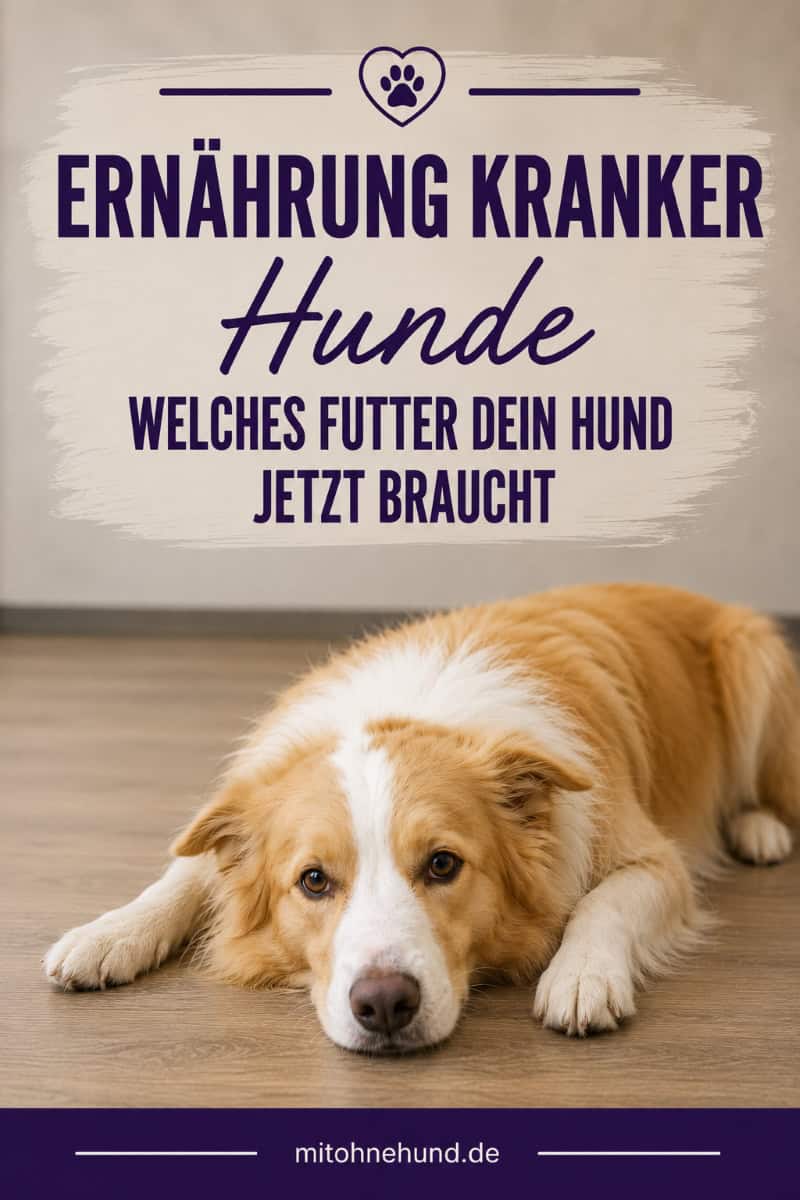 Kranker Hund liegt mit gesenktem Kopf auf dem Boden. Beitragsbild zum Ratgeber über die Ernährung kranker Hunde und das passende Futter bei Nieren-, Leber- und Magen-Darm-Erkrankungen.