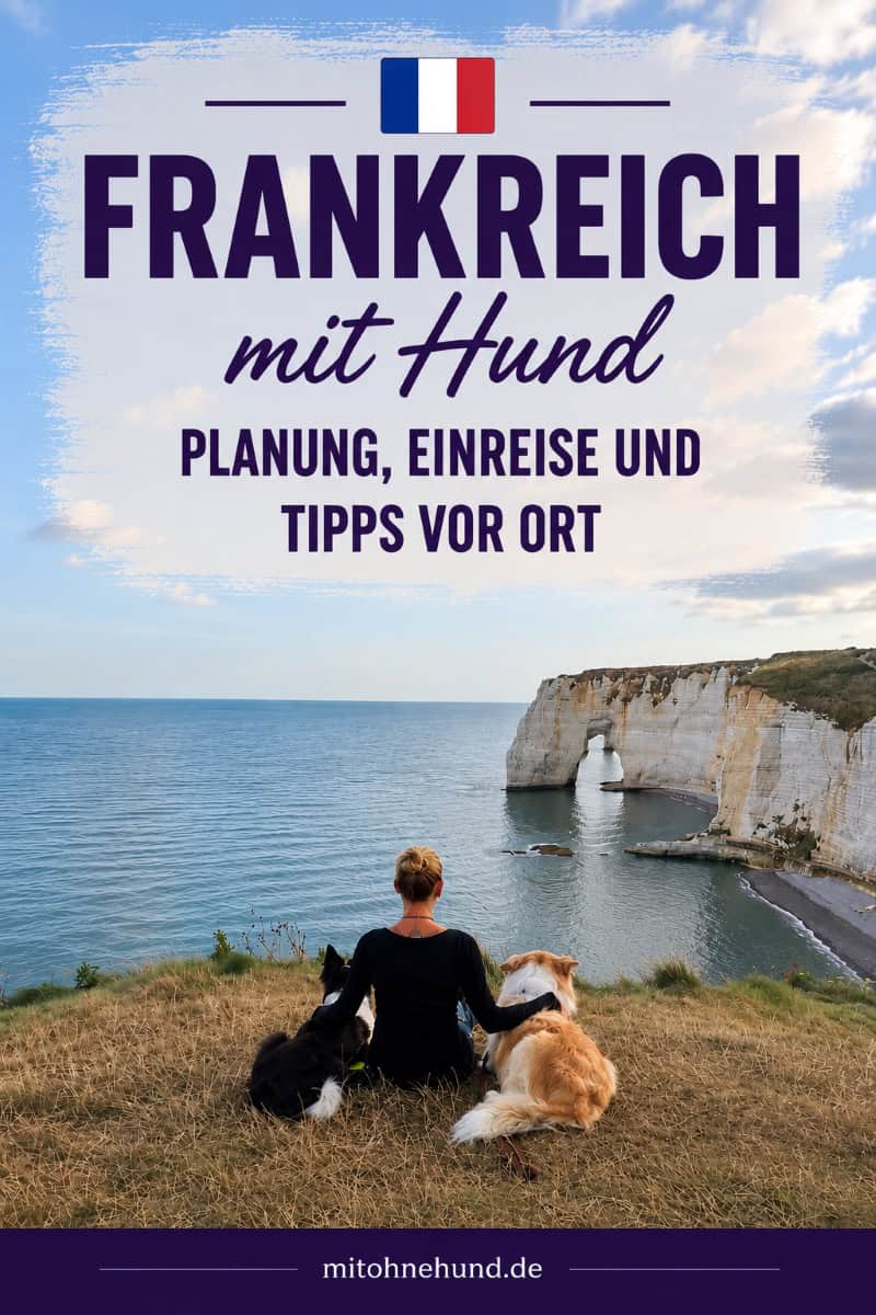 Urlaub in Frankreich mit Hund an der Küste. Zwei Hunde und ihre Halterin mit Blick auf die Kreidefelsen. Ratgeber mit Tipps zu Einreise, Camping, Stränden und Reisen mit Hund in Frankreich.