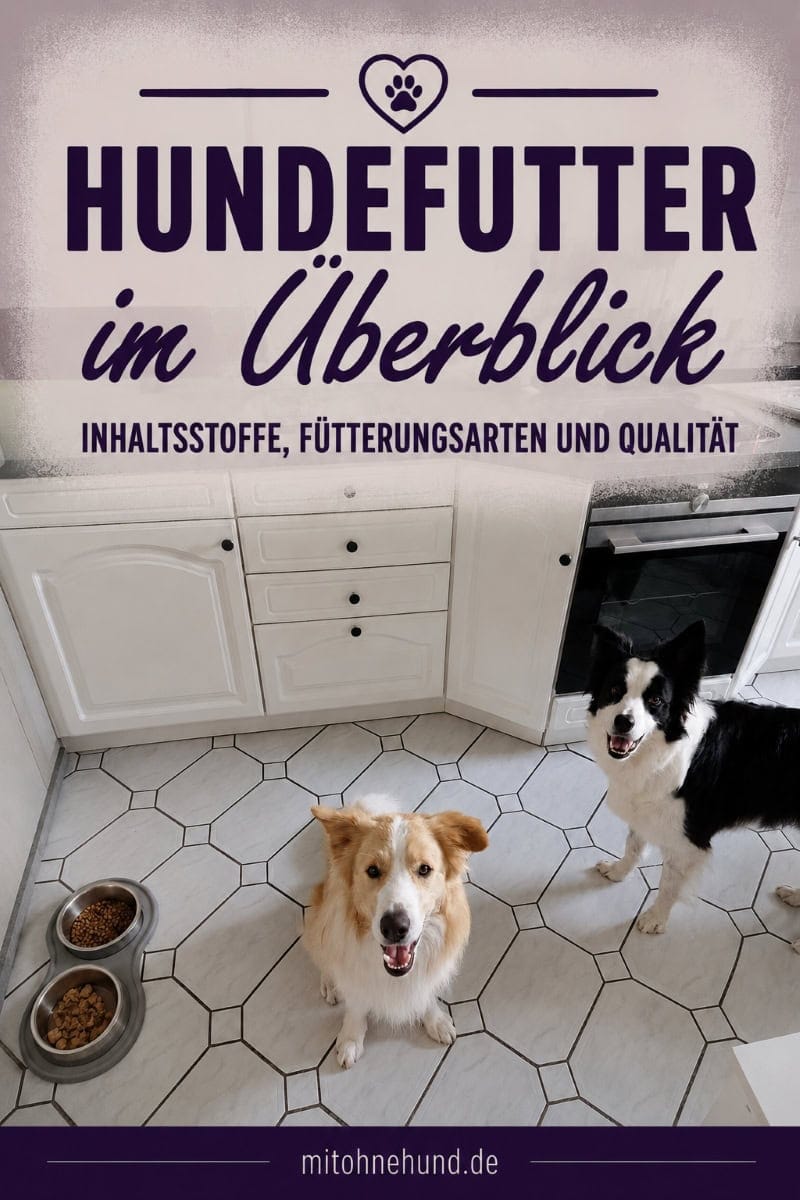 Zwei Hunde sitzen vor ihren Futternäpfen in einer Küche. Das Beitragsbild zeigt einen Überblick über Hundefutter mit Informationen zu Futterarten, Inhaltsstoffen, Qualität, Trockenfutter, Nassfutter, BARF und der richtigen Futterwahl.