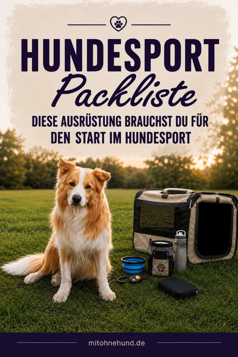 Hund mit Hundesport-Ausrüstung, Futternapf, Wasserflasche und Zubehör. Das Beitragsbild zeigt eine Hundesport-Packliste mit Ausrüstung und Checkliste für Training, Turnier und den Einstieg in den Hundesport.