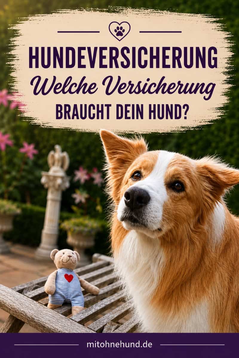 Hund sitzt neben einem Stoffbären im Garten als Titelbild für einen Ratgeber zur Hundeversicherung. Der Artikel erklärt, welche Hundeversicherung sinnvoll ist und wann sich Hundehaftpflicht, OP-Versicherung oder Hundekrankenversicherung lohnt.