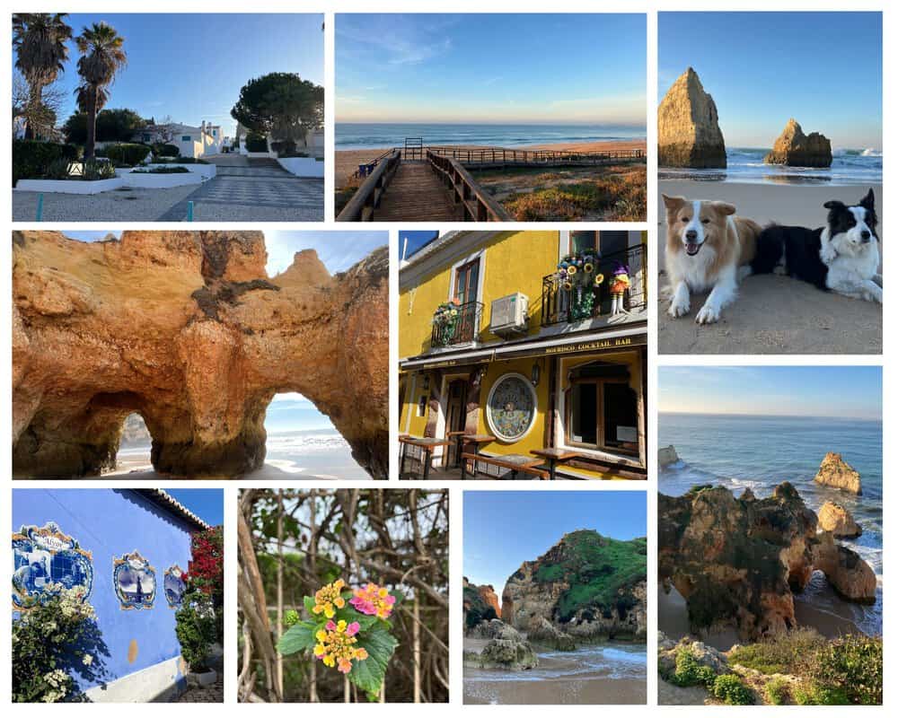 Portugal mit Hund – Küstenlandschaft und Strand in Alvor, Algarve mit zwei Hunden, Felsen und charmanten Gassen.