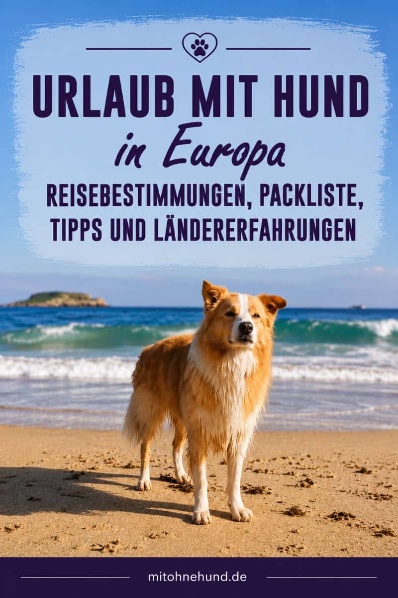 Hund am Strand in Europa während eines Urlaubs. Das Beitragsbild zeigt Urlaub mit Hund inklusive Reiseplanung, Einreisebestimmungen, Packliste, Reisetipps und Erfahrungen aus verschiedenen europäischen Ländern.