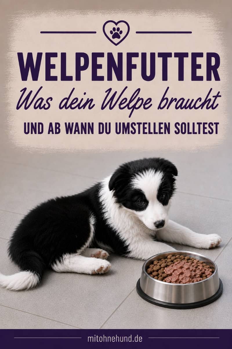 Border-Collie-Welpe liegt vor einem Napf mit Welpenfutter. Das Beitragsbild zeigt einen Ratgeber über Welpenfutter mit Informationen zum Welpen füttern, zur Futtermenge, Fütterungshäufigkeit, Futtertabelle und zur Umstellung auf Adultfutter.