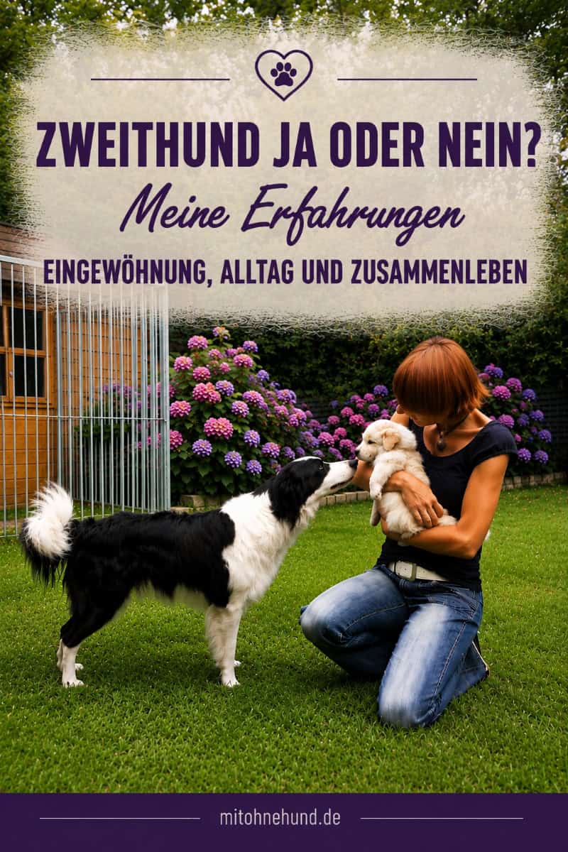 Eine Hundehalterin hält einen Welpen auf dem Arm, während ihr Border Collie den Neuankömmling begrüßt. Das Bild zeigt die Eingewöhnung eines Zweithundes und das erste Zusammenleben zweier Hunde.